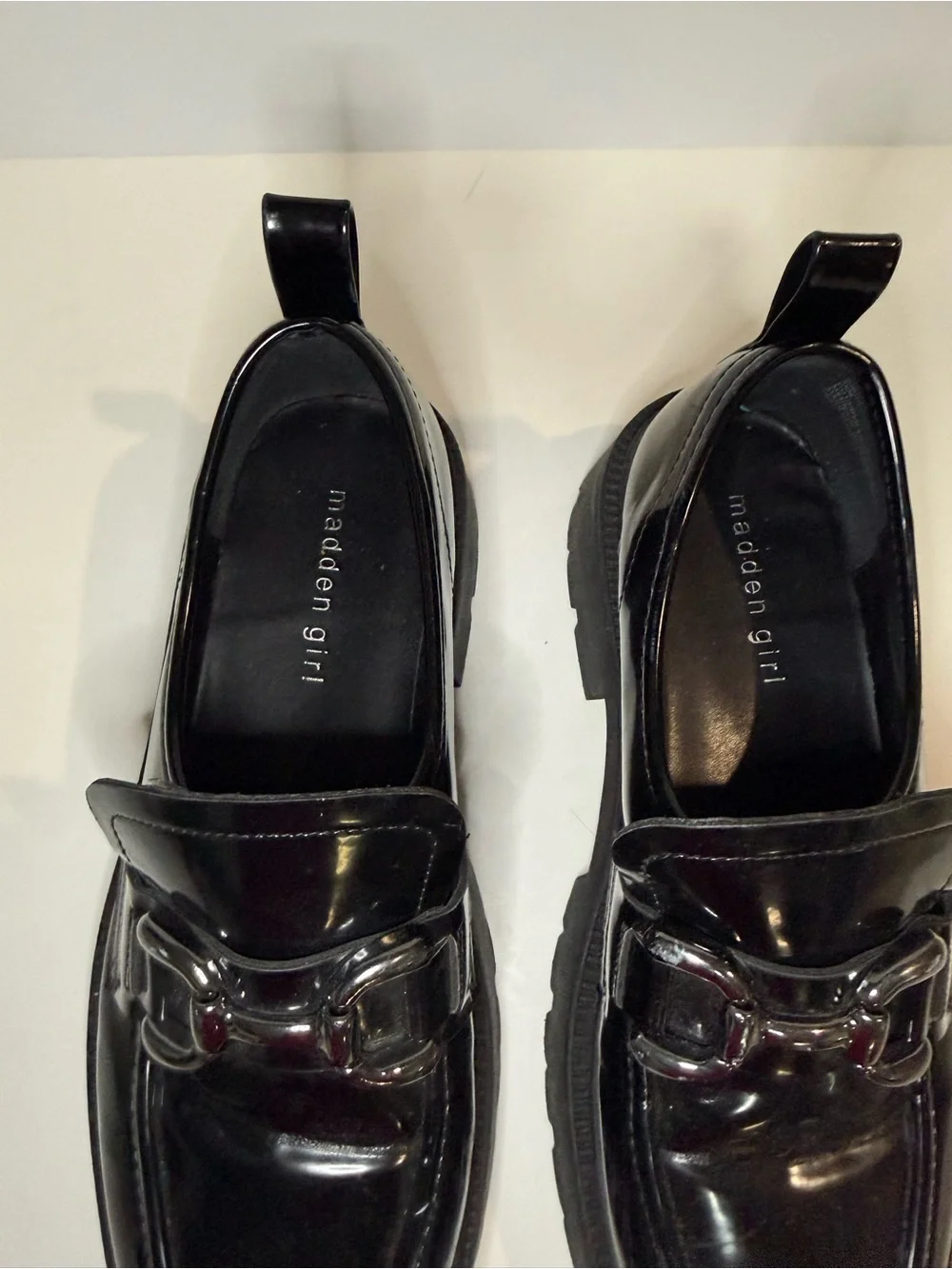 Madden Girl Black Patent Lug Sole Loafers with Metal Bit - Picture 6 of 9